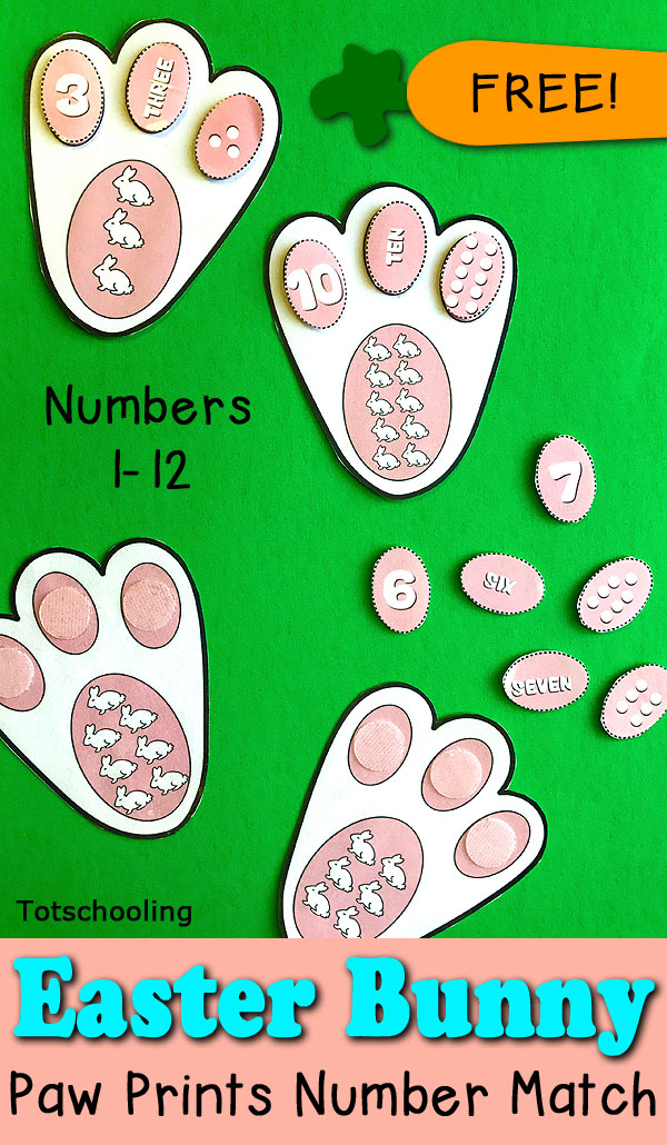 FREE Easter counting and number matching game featuring Bunny paw prints. Great for counting, number recognition and learning number words.