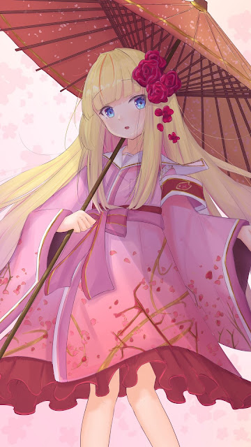 Anime Girl Wallpaper, Kimono, Umbrella, Red Flowers