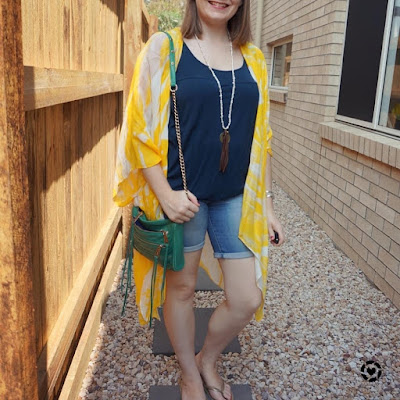 awayfromblue Instagram | yellow duster kimono jeanswest Eliza summer poncho floral with navy tank denim shorts summer breastfeeding outfit