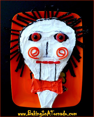 Billy the Puppet Cake | Recipe developed by https://www.bakinginatornado.com/2015/10/blog-with-friends-scary-stuff.html | #recipe #Halloween