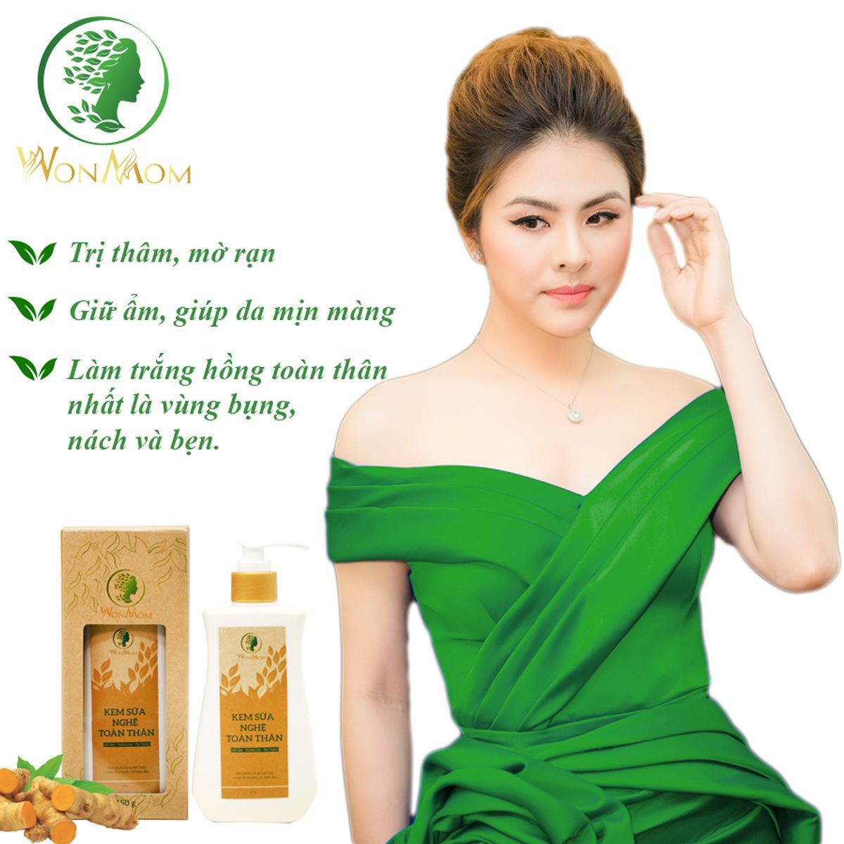 BỘ DƯỠNG TRẮNG HỒNG BODY TỰ NHIÊN, THẢO MỘC XÔNG KHỬ MÙI VÙNG KÍN WONMOM (1 KEM SỮA NGHỆ + 1 HỘP THẢO MỘC XÔNG VÙNG KÍN)