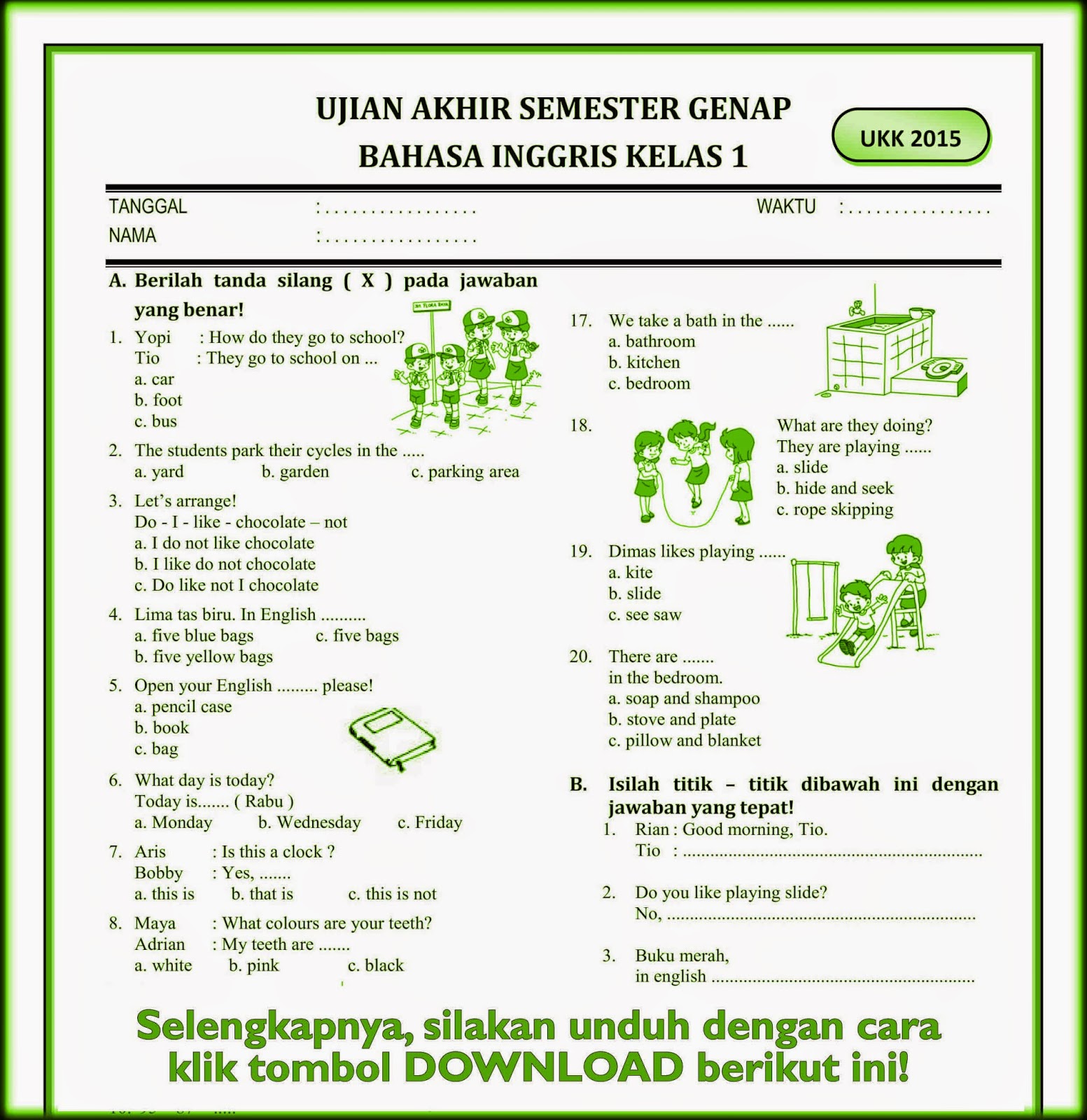 Download Soal  UKK Bahasa  Inggris  Kelas  1 SD Semester  Genap 