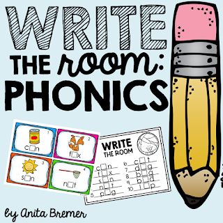 Write the Room Phonics pack. Your students will have fun expanding their vocabulary, practicing their handwriting skills, and practicing various phonics skills. A fun writing literacy activity. Perfect for a Kindergarten or First Grade writing center. The set includes practice with short vowels, initial sounds, ending sounds, and blends! #writingcenter #writing #writetheroom #kindergarten #kindergartenwriting #phonics #1stgrade