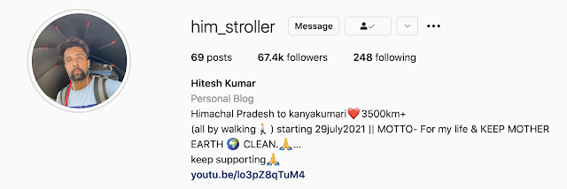 It has been a few days now that TravellingCamera has been following the spontaneous and unscripted journey of an Indian Blogger, who has made it his mission to cover the distance from Sunder Nagar in Himachal Pradesh to Kanya Kumari in Tamil Nadu, all on foot. Hitesh Kumar aka Him Stroller (https://www.instagram.com/him_stroller/) set out from his home almost on whim, searching for the meaning of life. In his vlogs, he has mentioned that some trauma in his life was the reason why he decided to embark on this journey, though he did not go into the details. So may be this journey will be the coming-of-age journey for this young man.