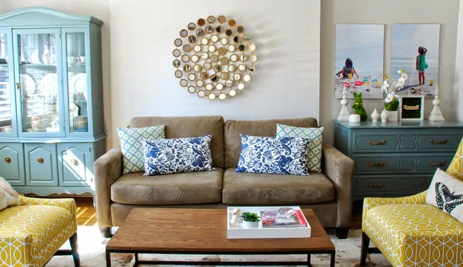 Rambling Renovators | living room blue yellow