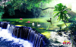 Waterfall background with Duck and lotus flower
