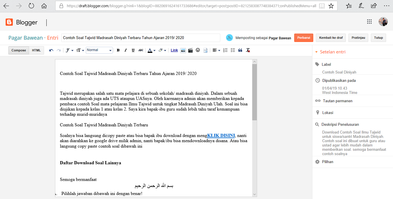 Contoh Soal Tajwid Madrasah Diniyah Terbaru Tahun Ajaran 2019 2020 Pagar Bawean