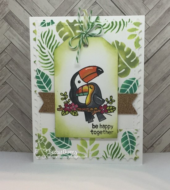Be happy together by Debbie features Tropical Leaves, Toucan Party, Framework Fancy Edges Tag, and Frames & Flags by Newton's Nook Designs; #newtonsnook