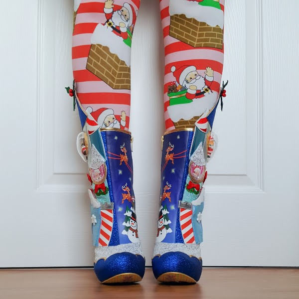 wearing Irregular Choice Santas Workshop AW21 Christmas boots