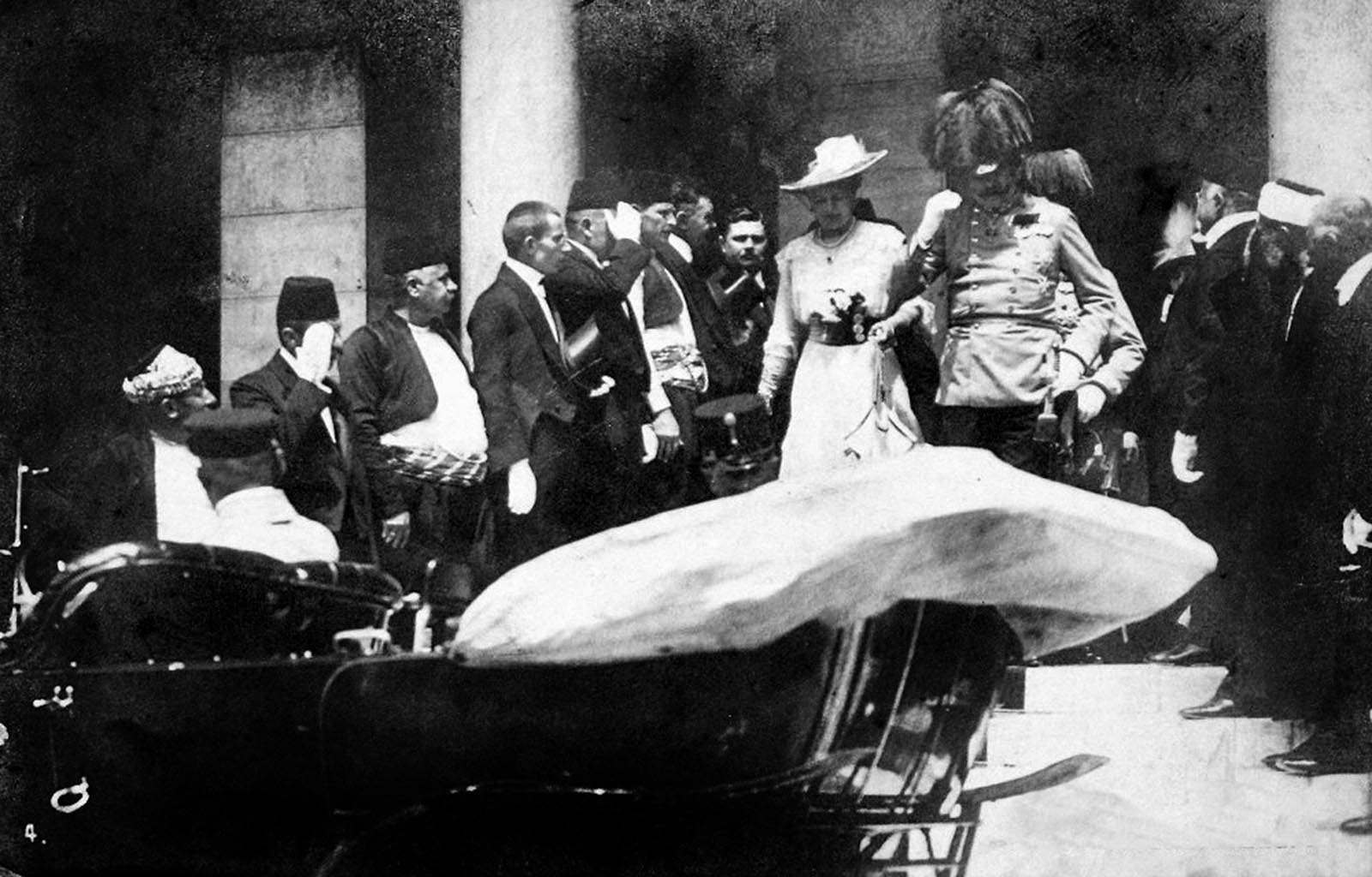 Photograph of the Archduke and his wife emerging from the Sarajevo Town Hall to board their car, a few minutes before the assassination.