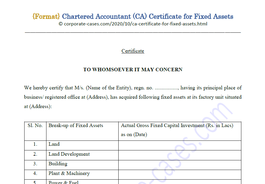 Chartered Accountant (CA) Certificate Format for Fixed Assets