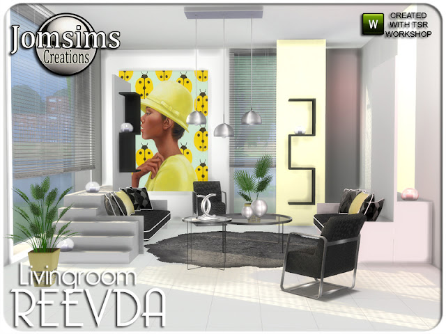 Reevda living room Реевда гостиная для The Sims 4 диван лестницы деко. картины. 2 растения. подушки деко диван. живой стул. металлический потолочный светильник высокий. ADN металлический потолочный светильник нормальный. коврики большие. Журнальный столик 1. Журнальный столик 2. и 2 полки. Автор: jomsims