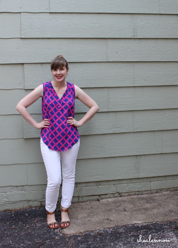 summer outfit idea: neon print top with white denim | www.shealennon.com