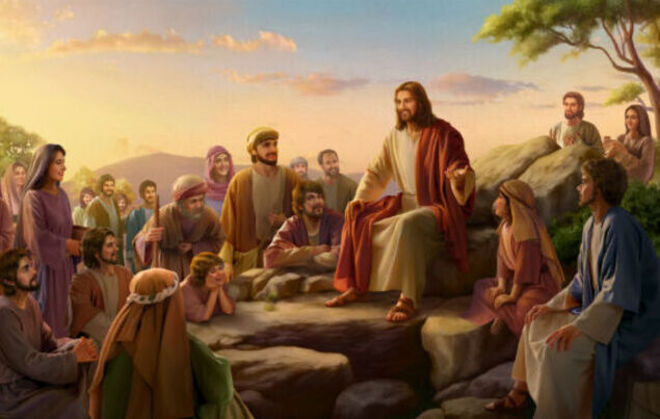 Jesús enseñando a la gente alrededor de él