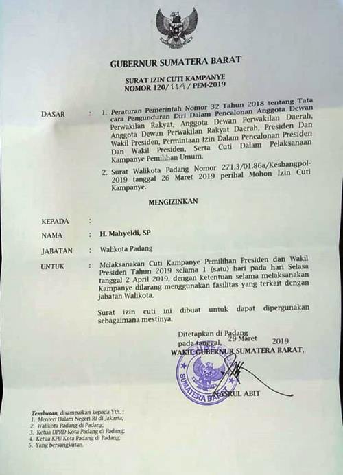 Wali Kota Padang Besok Izin Cuti Kampanye Fokussumatera