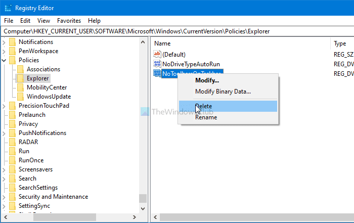 De optie Werkbalken weergeven of verbergen in het rechtermuisknopmenu van de taakbalk