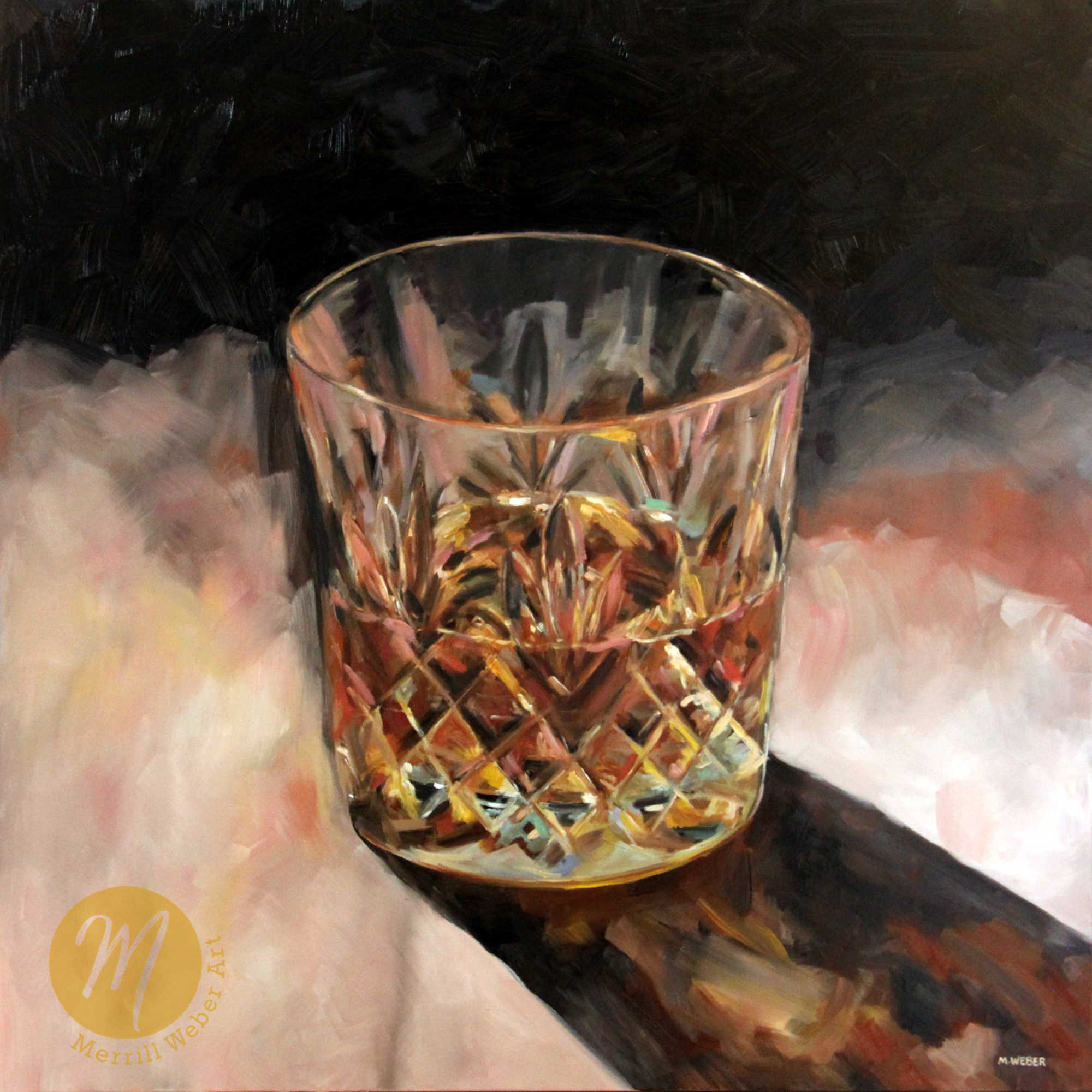 MERRILL WEBER ART ONLY THE BEST, CUT GLASS COCKTAIL OIL PAINTING