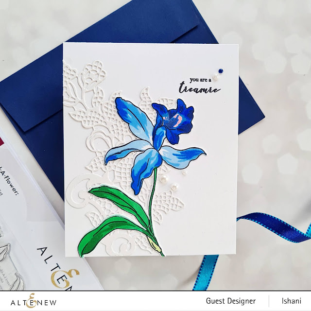 Altenew Laelia layering stamp, Build a flower stamp, Floral card, Orchid card, Blue Orchid, Altenew Lapis Lazuli dye inks, Quillish, Guest designer Ishani