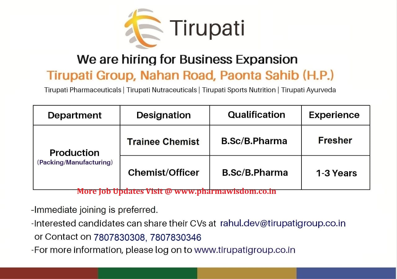 Tirupati Pharmaceuticals Multiple Openings for Freshers & Experience