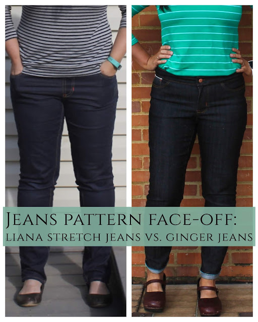 Sewing pattern comparison of the Liana Stretch Jeans vs. the Ginger Jeans.