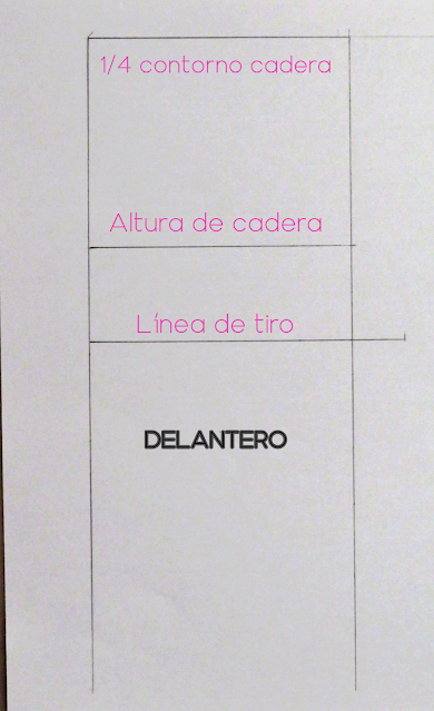 Líneas básicas del patrón de pantalón, donde se muestra el ancho de cadera, altura de cadera y altura de tiro. Pertenece al delantero