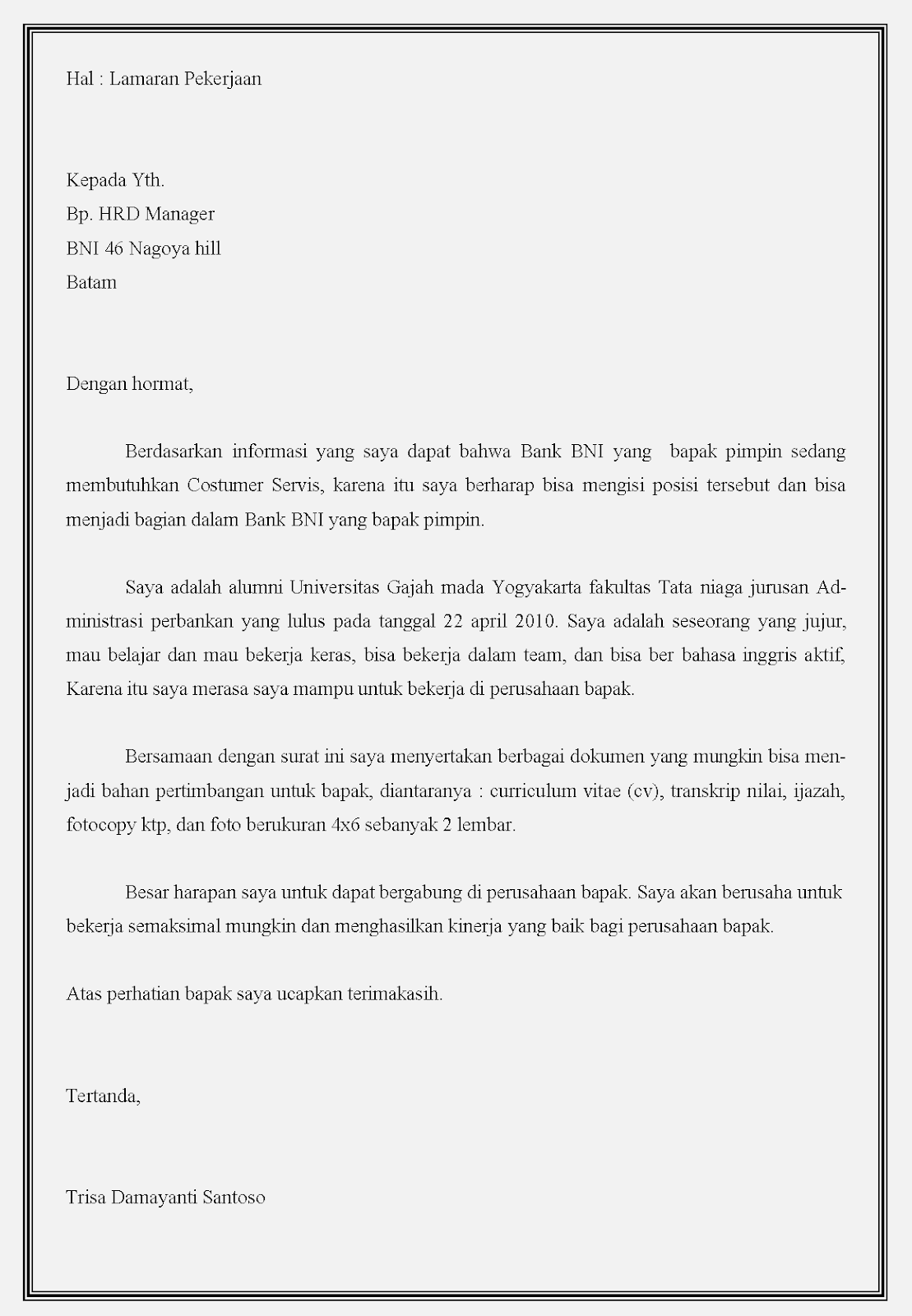 13 Contoh Surat Lamaran Kerja Bank Bni Contoh Surat