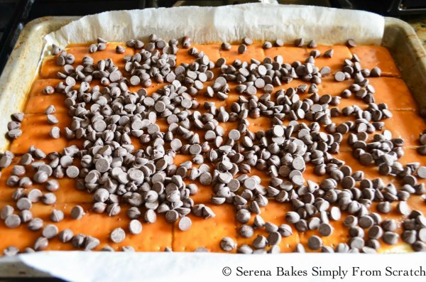 Spread chocolate chips over baked Saltine Toffee.