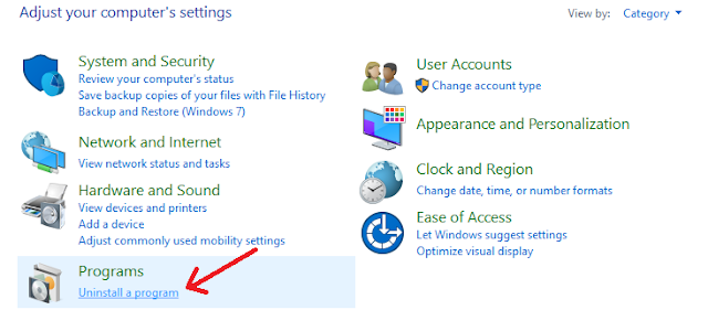 Uninstall Aplikasi di windows 10 melalui control panel