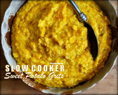 Slow Cooker Sweet Potato Grits (or Pumpkin Grits or Butternut Squash Grits) ♥ KitchenParade.com, a 'skinny' pot of grits, conveniently cooked in the slow cooker with sweet potato (or pumpkin or butternut squash) and a little mik, with just a tablespoon of butter stirred in to finish.