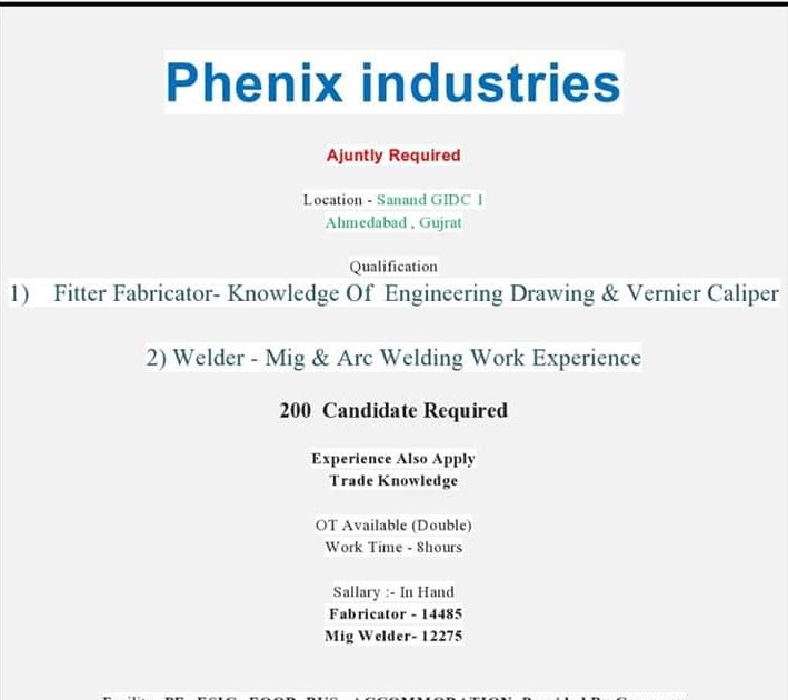 ITI Fitter and Welder Jobs In Phenix industries,Location Sanand GIDC