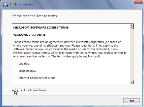 Instal windows 7 - centang i accept license terms