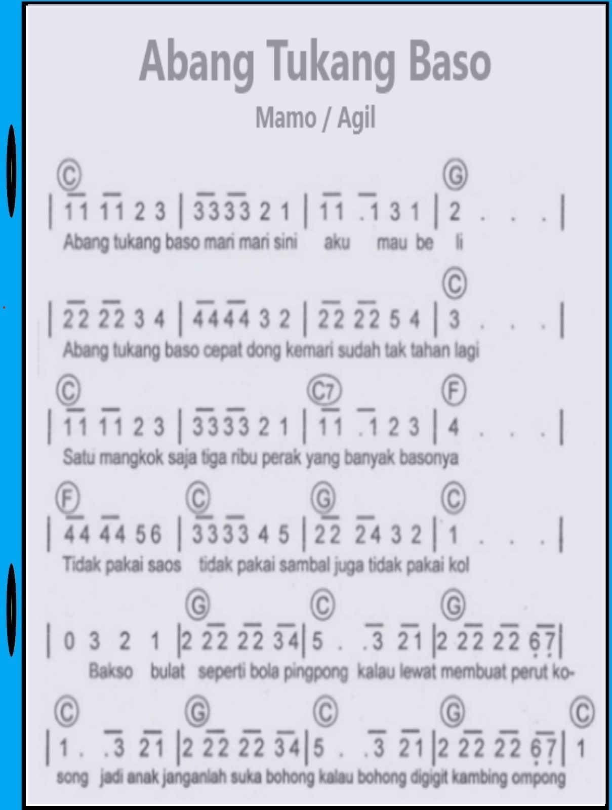 Not Pianika Abang Tukang Bakso Arsip Not Angka