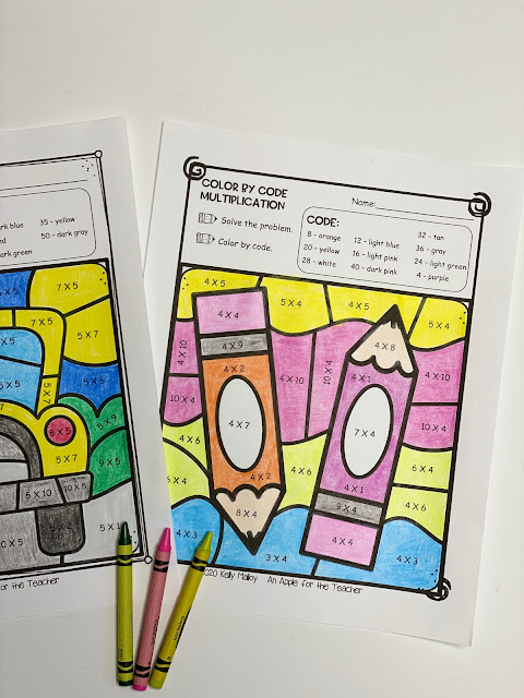 Back to School Color by Number Multiplication Worksheets pencils