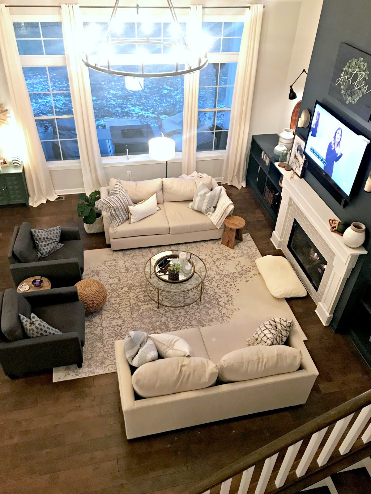 Large great room with symmetrical furniture set up