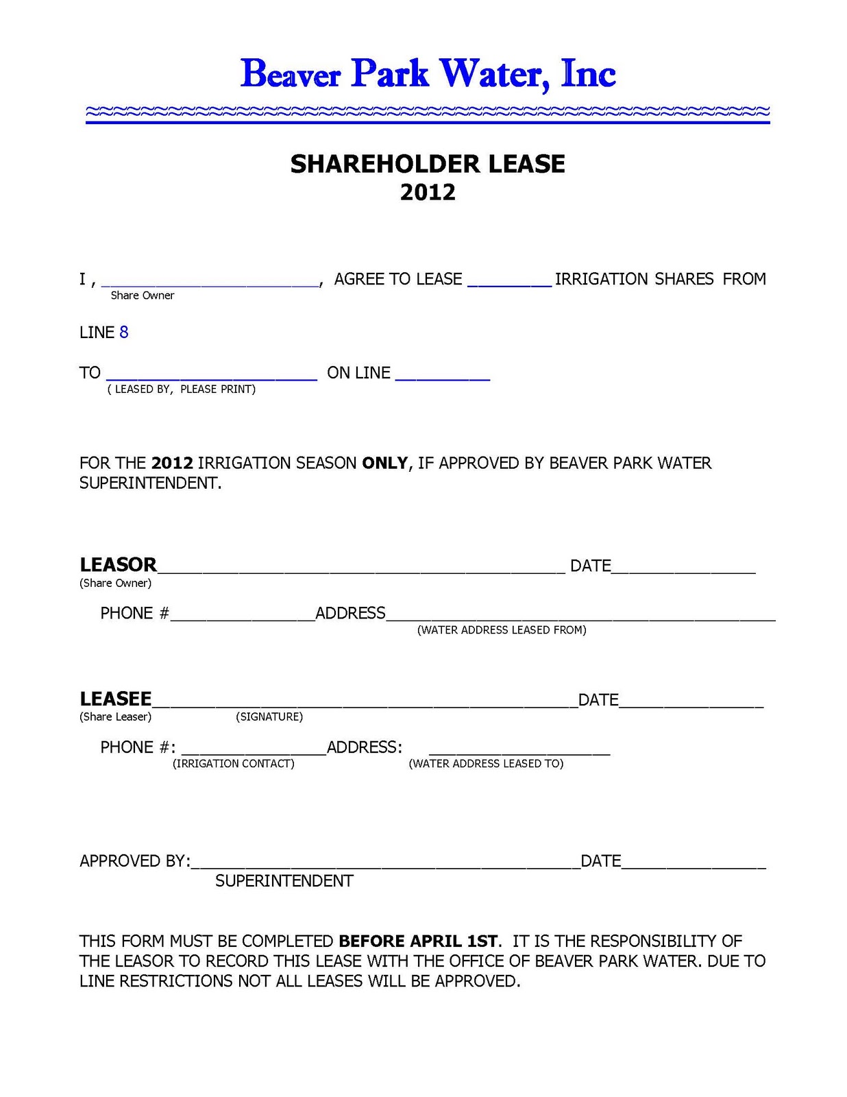 Beaver Park Water Inc Water Leases and Pump Permits