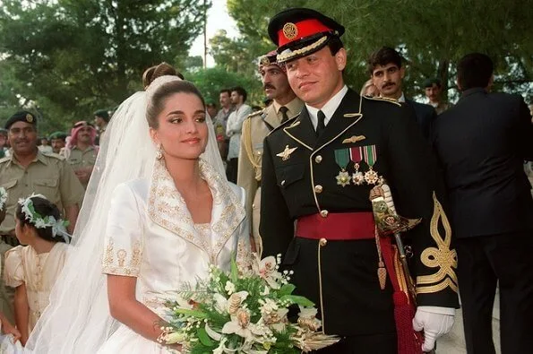 Queen Rania, King Abdullah II, Crown Prince Hussein, Princess Iman, Princess Salma and Prince Hashem. Wedding of King Abdullah II and Rania