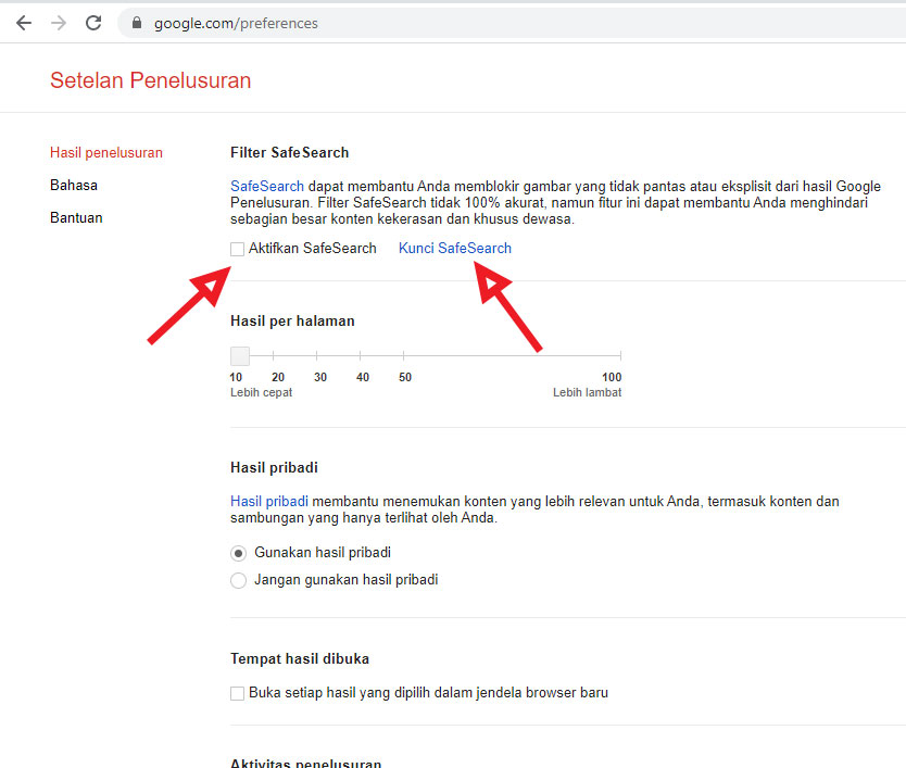 cara mematikan safe search