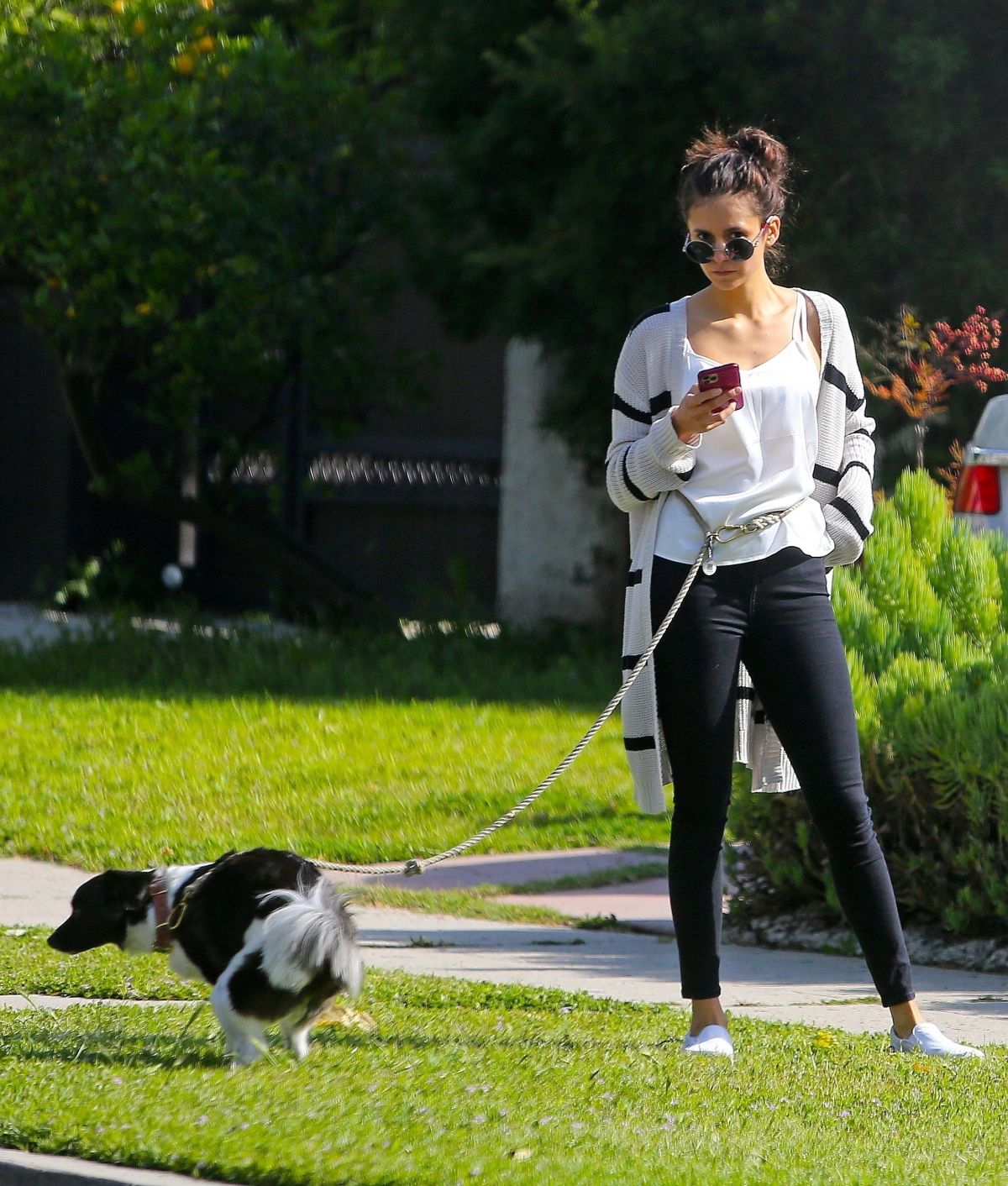 Nina Dobrev Outside with Her Dog Maverick in Los Angeles 7 Apr -2020