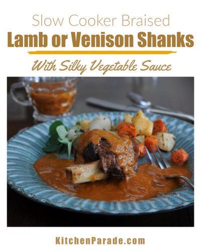 Slow Cooker Braised Lamb Shanks or Venison Shanks ♥ KitchenParade.com with a silky-smooth vegetable sauce. Weeknight Easy, Weekend Special. Low Carb. High Protein. Weight Watchers Friendly.