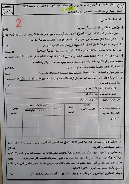 امتحان الكفاءة المهنية لولوج الدرجة الأولى من إطار أساتذة التعليم الثانوي الإعدادي تخصص التربية الإسلامية مع التصحيح- دورة دجنبر 2020