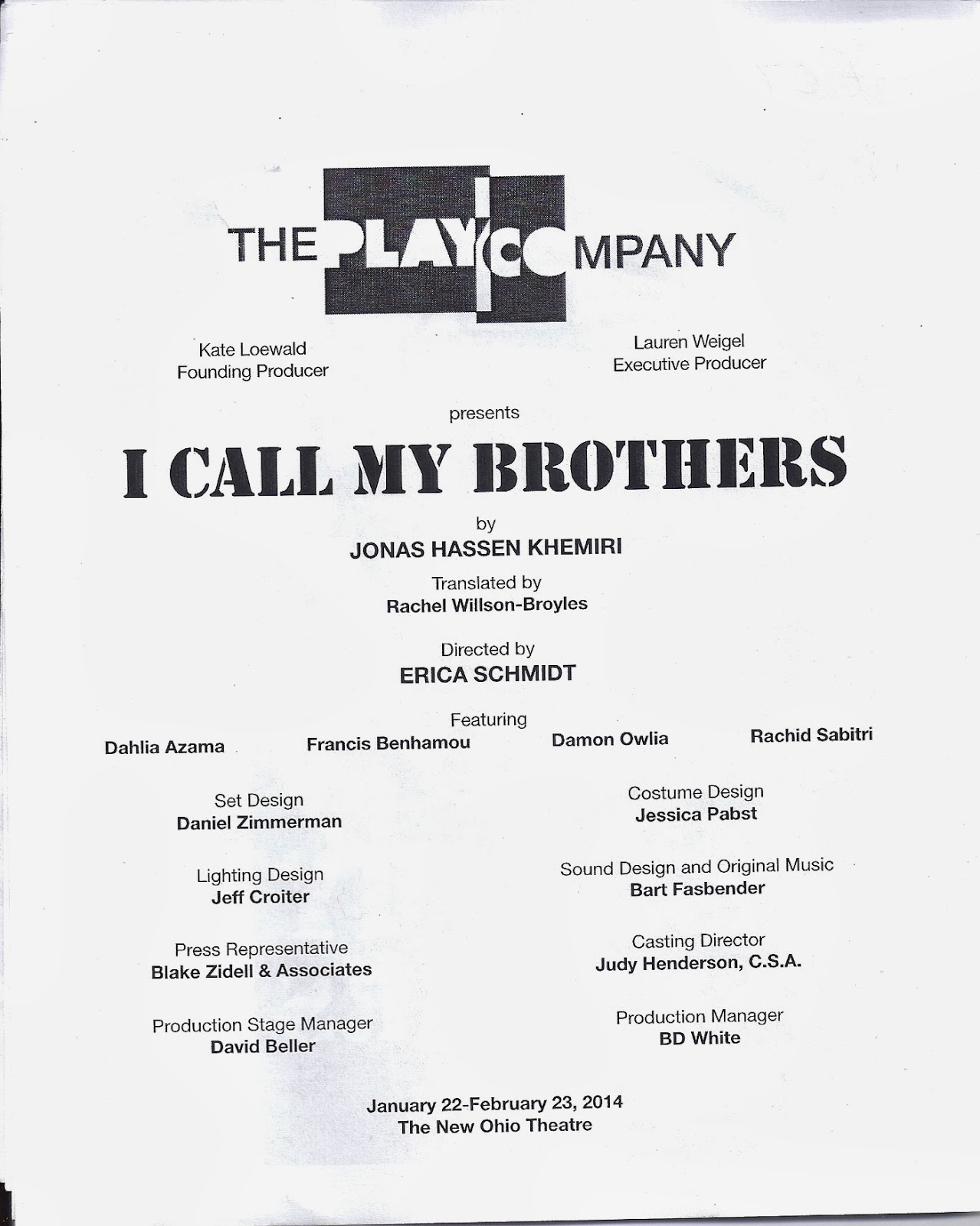 THEATRE'S LEITER SIDE 227. Review of I CALL MY BROTHERS (February 19