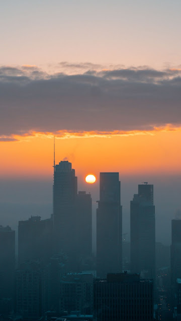 City, Aerial view, Sun, Sunset, Fog