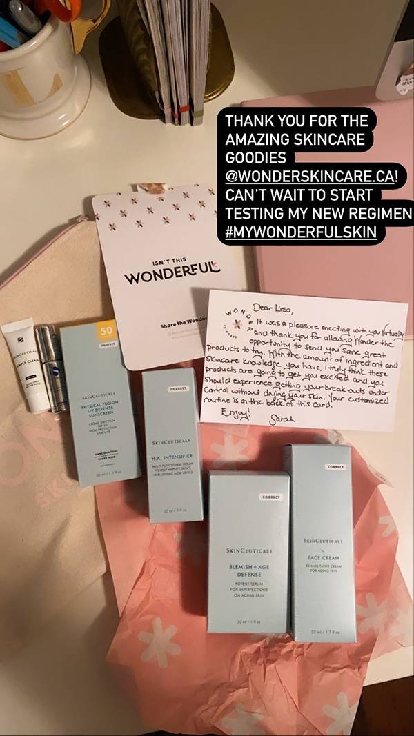 Instagram story of Skinceuticals product samples from wonderskincare.ca, freshly unpacked