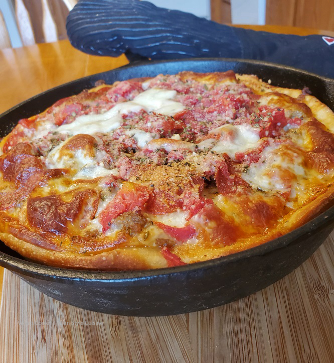 Grilled or Oven Baked Chicago Style Pizza Chicago Style Pizza made in a cast iron 12 inch skillet cooling