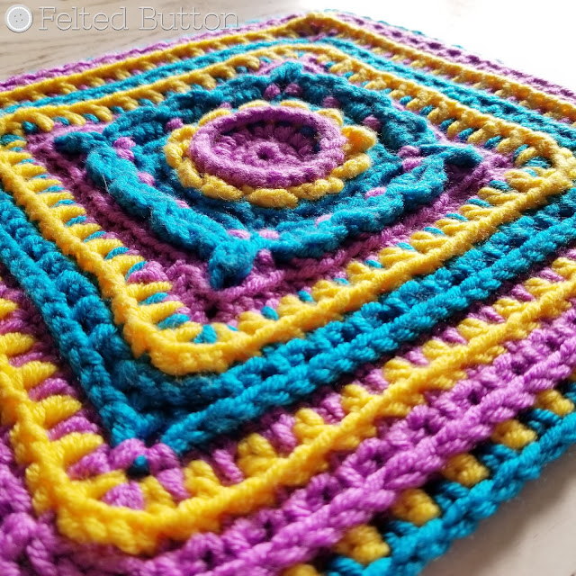 Rinske Square | free crochet pattern by Susan Carlson of Felted Button -- Colorful Crochet Patterns made with Scheepjes Chunky Monkey Rinske Square | free crochet pattern by Susan Carlson of Felted Button -- Colorful Crochet Patterns made with Scheepjes Chunky Monkey