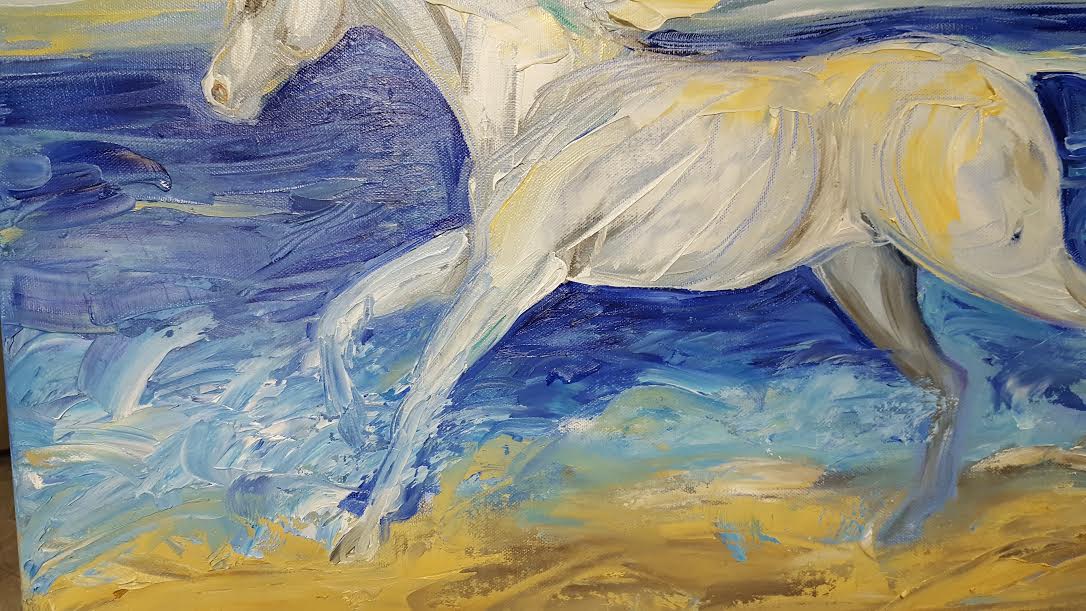 Abstract Horse Art White Horse on beach, Abstract Oil Painting