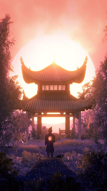 Wallpaper Samurai Sunset Pagoda Full HD