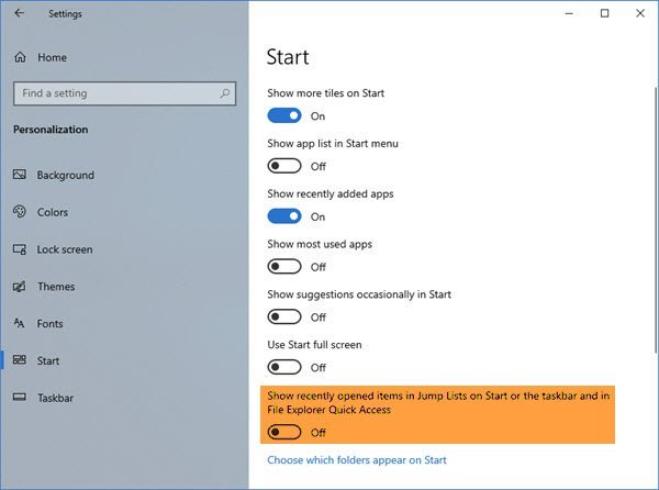 Cancella file e cartelle recenti in Windows 10
