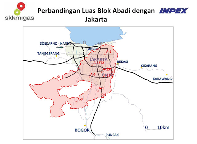 Perbandingan  luas area Lapangan gas abadi Blok Masela, bila disandingkan dengan peta wilayah DKI Jakarta, malah bisa melampaui hingga menjangkau kota Depok, kota Bekasi, dan Tangerang