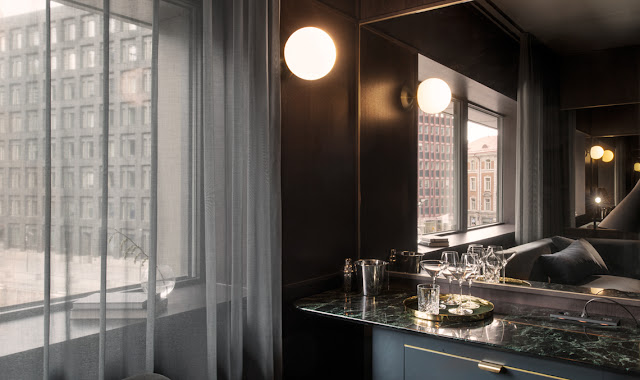 Elegant modern design in standard room at Six Hotel in Stockholm